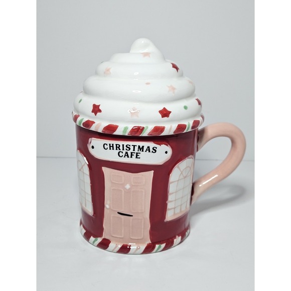 Sleigh Bell Bistro Other - Christmas Cafe Lidded Mug 3D Whipped Cream Ceramic Holiday‎ Cocoa Cup Coffee Tea